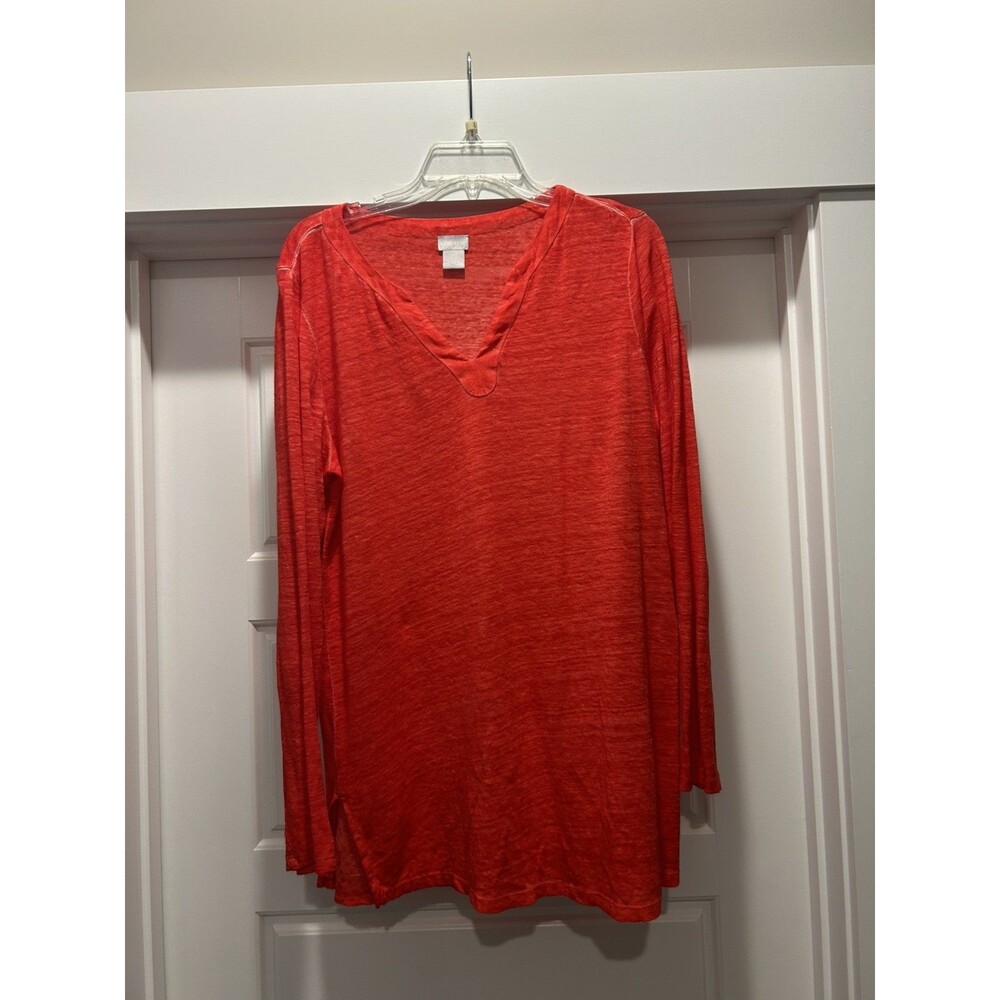 Chicos Linen Split Neck Tunic Top Women’s Medium Red Flame Blouse Preppy Classic
